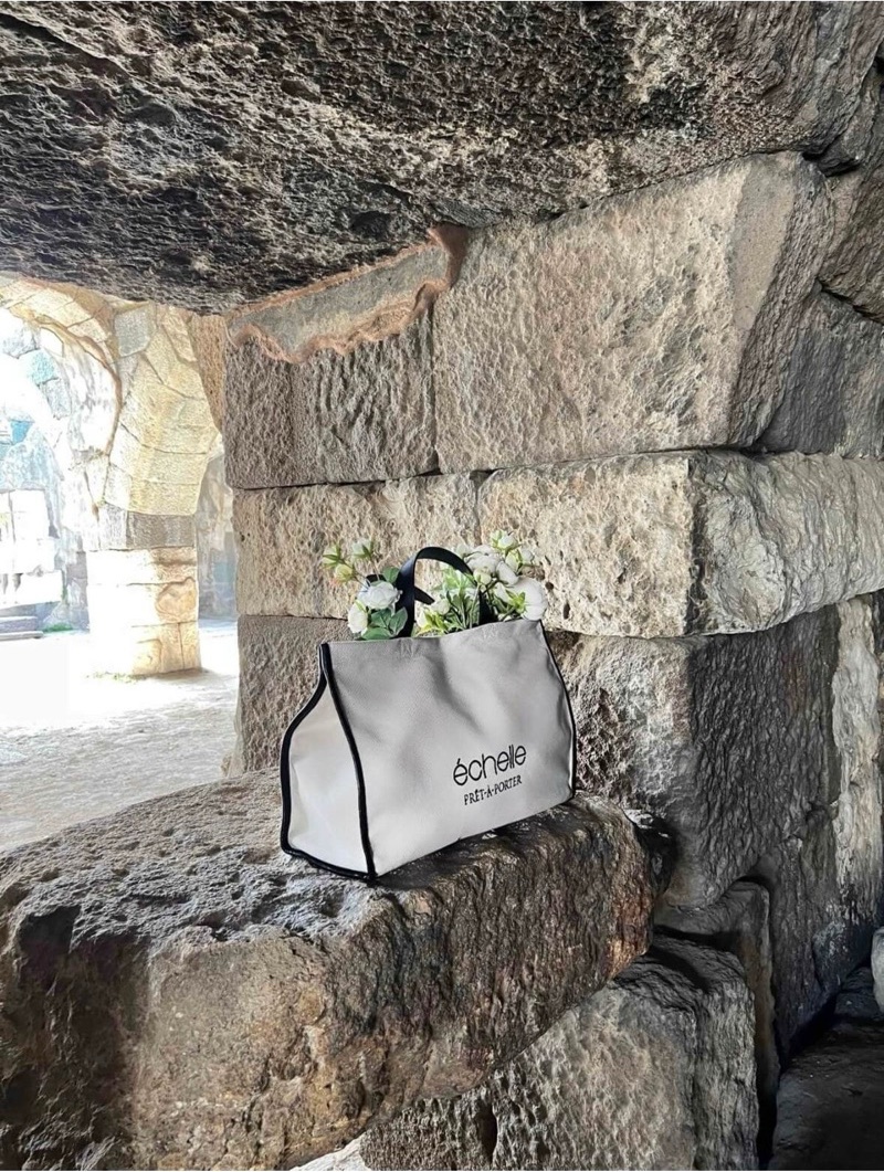 Taş duvar önünde échelle tote bag